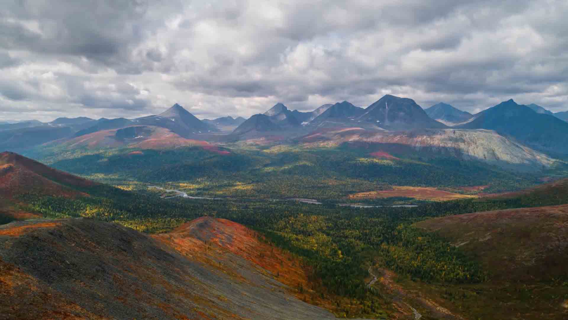 Осенняя панорама гор и тундры Приполярного Урала