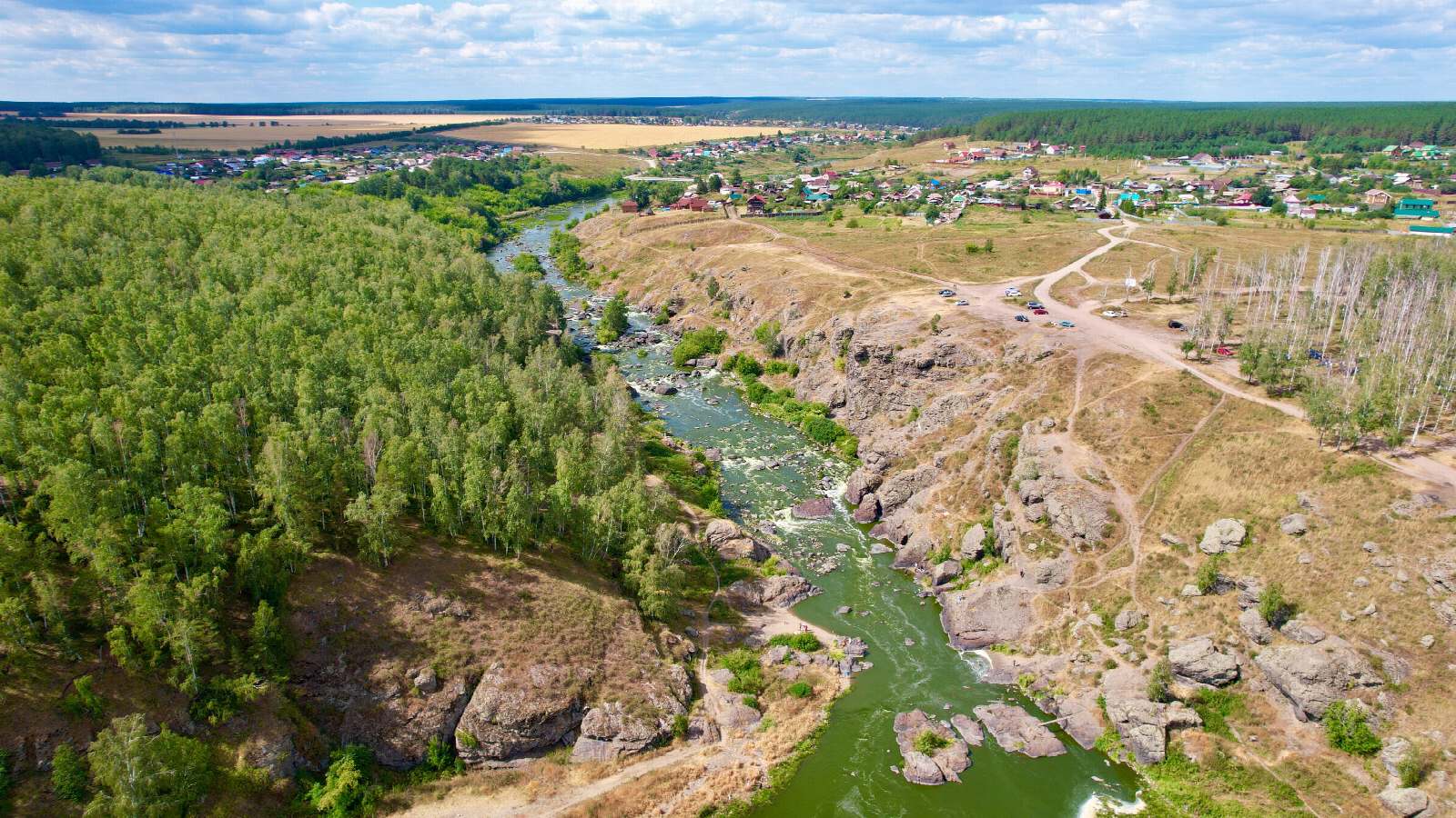 Бурная вода порога Ревун среди скал